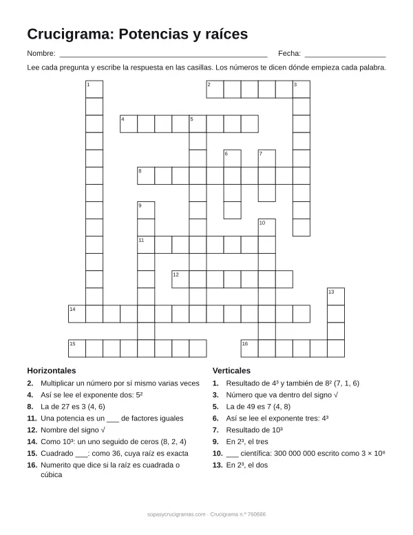 Hoja para imprimir del crucigrama de potencias y raíces: cuadrícula numerada de 16 × 16 con 8 palabras horizontales y 8 verticales, y la lista de pistas.