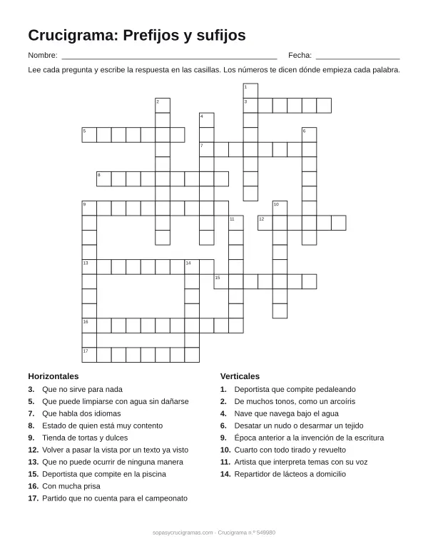 Hoja para imprimir del crucigrama de prefijos y sufijos: cuadrícula numerada de 19 × 18 con 10 palabras horizontales y 8 verticales, y la lista de pistas.