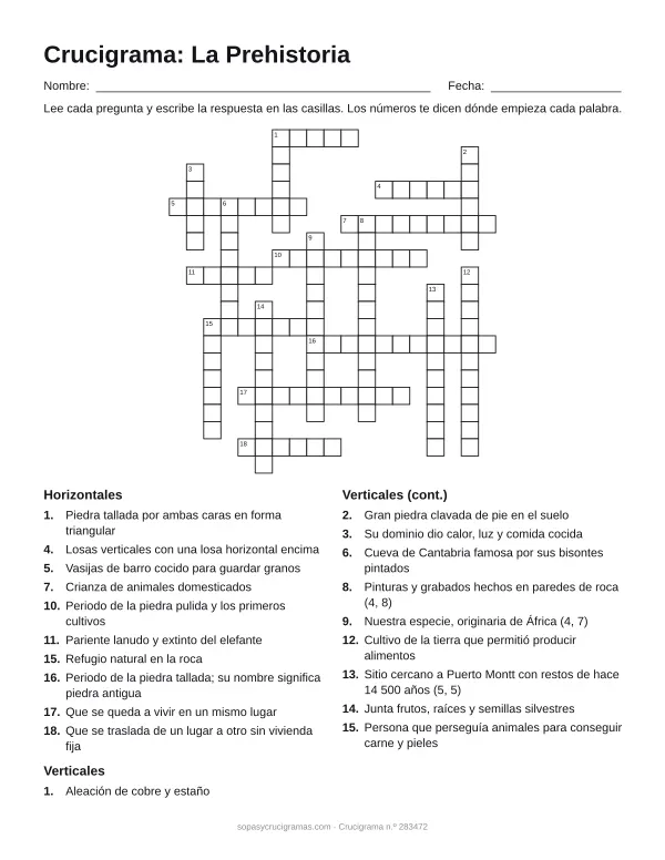 Hoja para imprimir del crucigrama de la Prehistoria: cuadrícula numerada de 20 × 19 con 10 palabras horizontales y 10 verticales, y la lista de pistas.