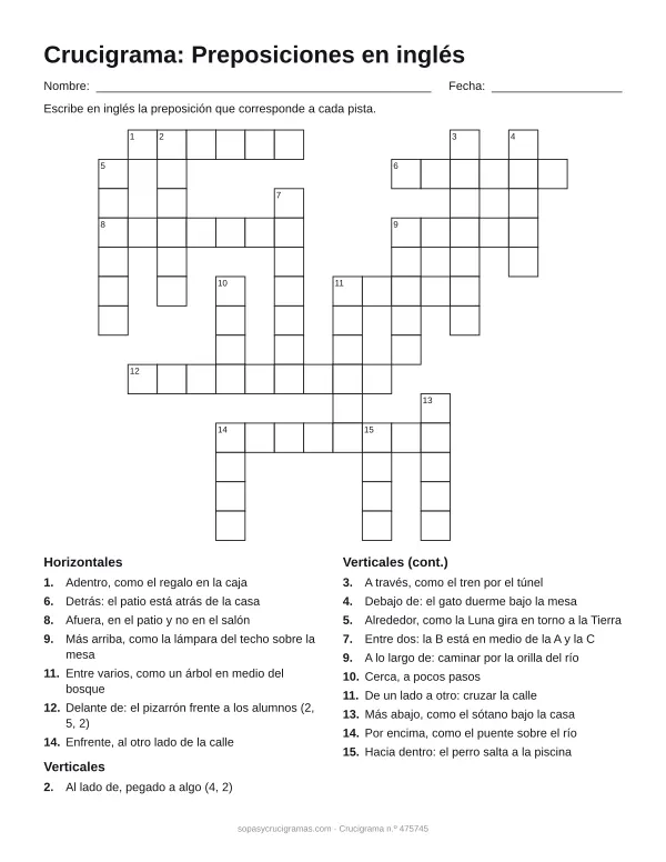 Hoja para imprimir del crucigrama de preposiciones en inglés: cuadrícula numerada de 14 × 16 con 7 palabras horizontales y 11 verticales, y la lista de pistas.