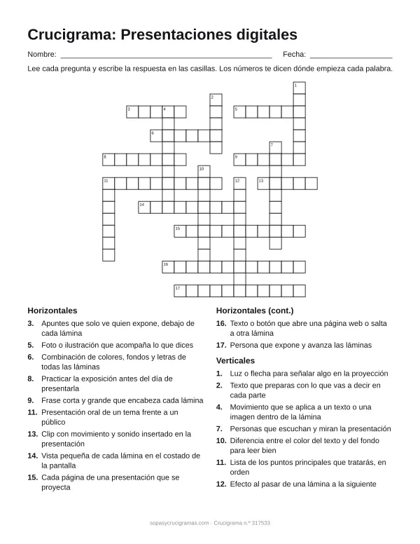 Hoja para imprimir del crucigrama de presentaciones digitales: cuadrícula numerada de 18 × 18 con 11 palabras horizontales y 7 verticales, y la lista de pistas.