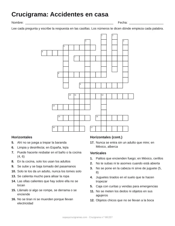 Hoja para imprimir del crucigrama de accidentes en casa: cuadrícula numerada de 18 × 17 con 11 palabras horizontales y 7 verticales, y la lista de pistas.