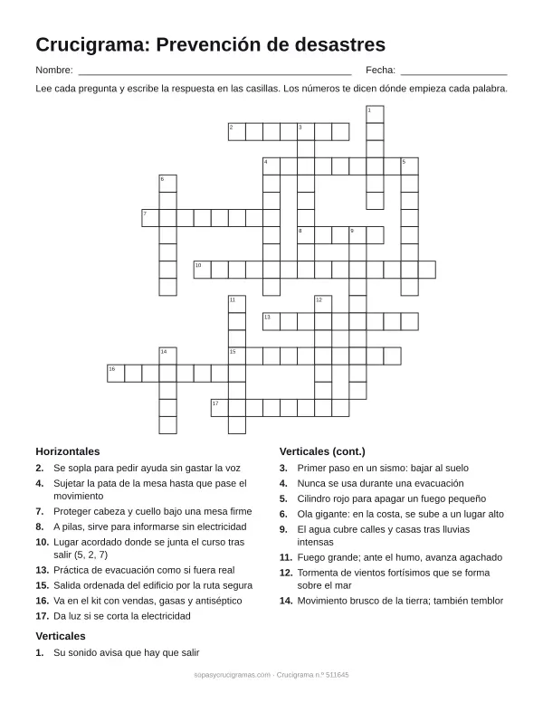 Hoja para imprimir del crucigrama de prevención de desastres: cuadrícula numerada de 19 × 19 con 9 palabras horizontales y 9 verticales, y la lista de pistas.