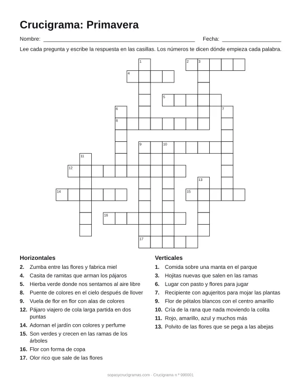 Hoja para imprimir del crucigrama de primavera: cuadrícula numerada de 16 × 16 con 10 palabras horizontales y 8 verticales, y la lista de pistas.