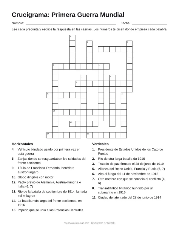 Hoja para imprimir del crucigrama de la Primera Guerra Mundial: cuadrícula numerada de 18 × 15 con 8 palabras horizontales y 8 verticales, y la lista de pistas.