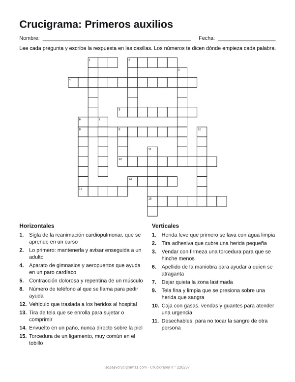 Hoja para imprimir del crucigrama de primeros auxilios: cuadrícula numerada de 16 × 16 con 9 palabras horizontales y 8 verticales, y la lista de pistas.