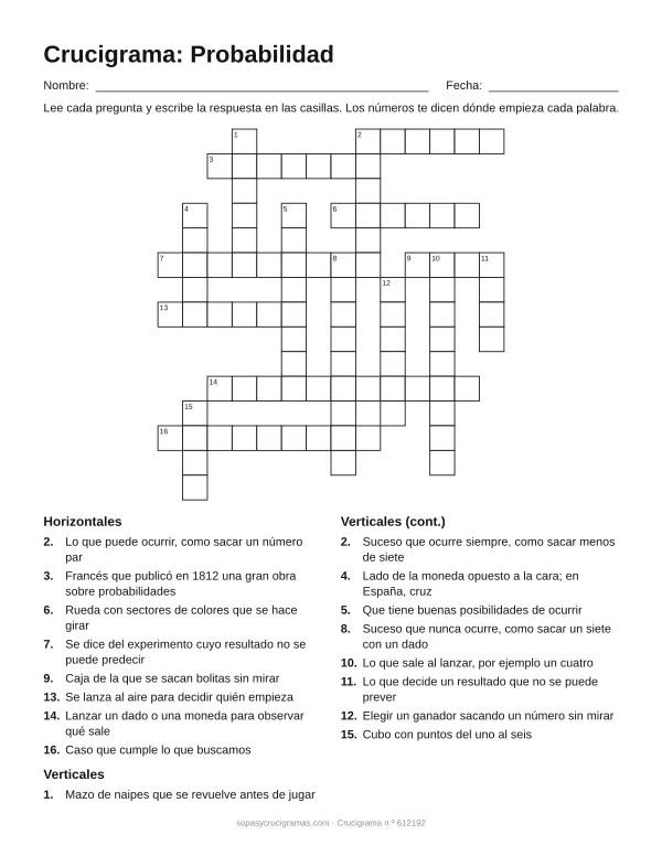 Hoja para imprimir del crucigrama de probabilidad: cuadrícula numerada de 15 × 14 con 8 palabras horizontales y 9 verticales, y la lista de pistas.