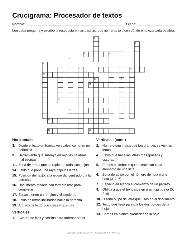 Hoja para imprimir del crucigrama del procesador de textos: cuadrícula numerada de 19 × 20 con 9 palabras horizontales y 10 verticales, y la lista de pistas.