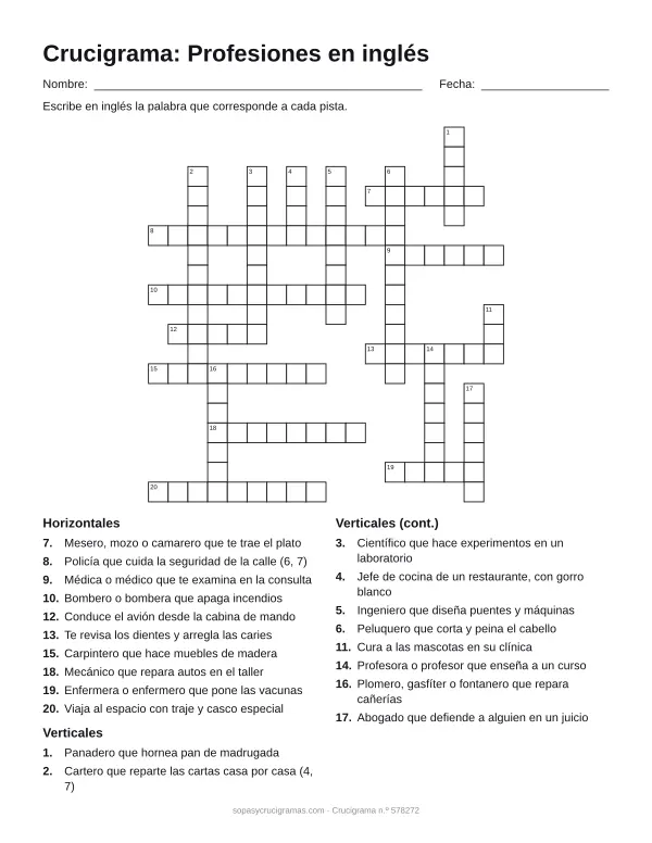 Hoja para imprimir del crucigrama de profesiones en inglés: cuadrícula numerada de 19 × 18 con 10 palabras horizontales y 10 verticales, y la lista de pistas.