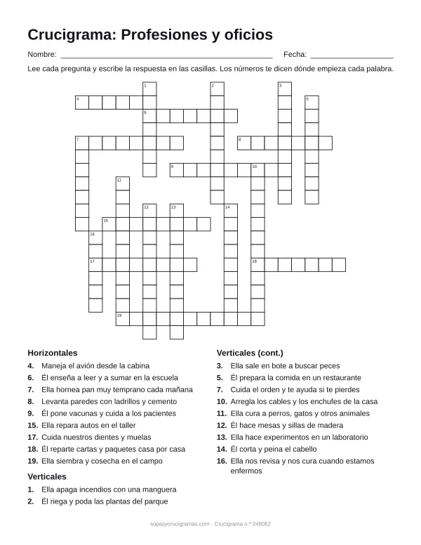 Hoja para imprimir del crucigrama de profesiones y oficios: cuadrícula numerada de 19 × 20 con 9 palabras horizontales y 11 verticales, y la lista de pistas.
