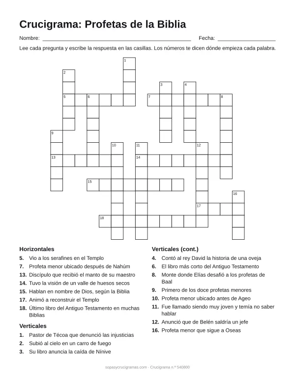Hoja para imprimir del crucigrama de los profetas de la Biblia: cuadrícula numerada de 15 × 16 con 7 palabras horizontales y 11 verticales, y la lista de pistas.