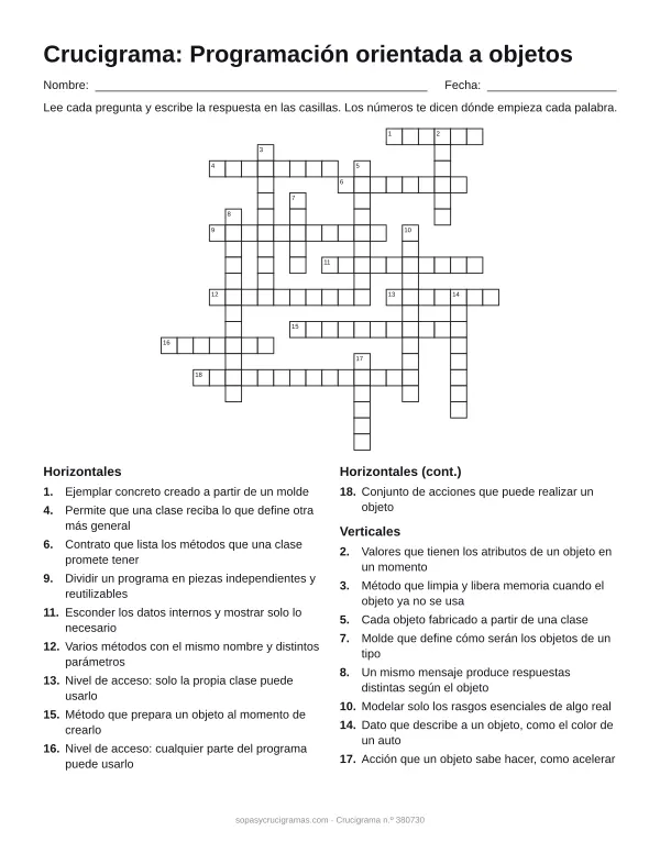 Hoja para imprimir del crucigrama de programación con objetos: cuadrícula numerada de 20 × 21 con 10 palabras horizontales y 8 verticales, y la lista de pistas.