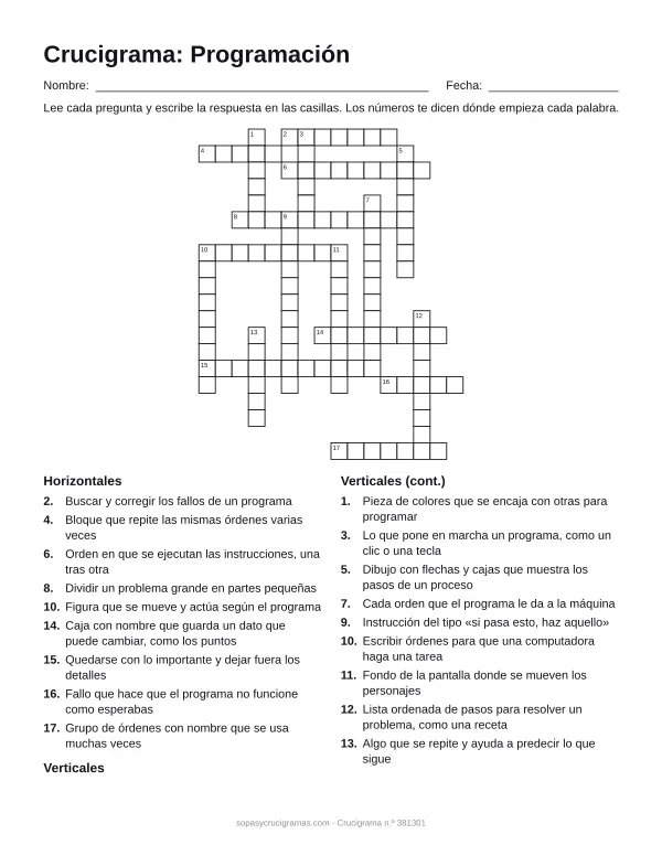 Hoja para imprimir del crucigrama de programación: cuadrícula numerada de 20 × 16 con 9 palabras horizontales y 9 verticales, y la lista de pistas.