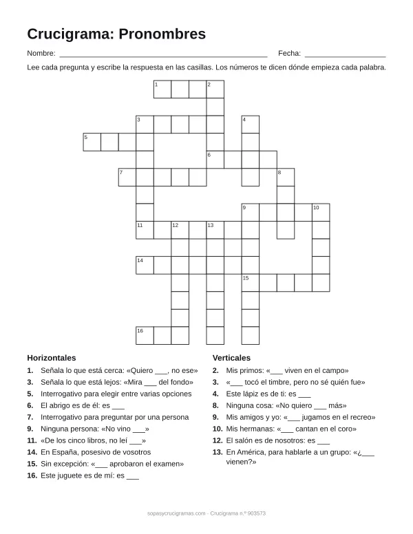 Hoja para imprimir del crucigrama de pronombres: cuadrícula numerada de 15 × 14 con 10 palabras horizontales y 8 verticales, y la lista de pistas.
