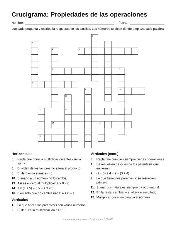 Hoja para imprimir del crucigrama de propiedades de operaciones: cuadrícula numerada de 17 × 17 con 7 palabras horizontales y 9 verticales, y la lista de pistas.