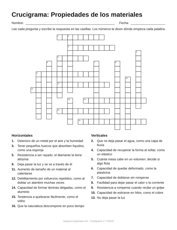 Hoja para imprimir del crucigrama de propiedades de materiales: cuadrícula numerada de 18 × 22 con 9 palabras horizontales y 9 verticales, y la lista de pistas.