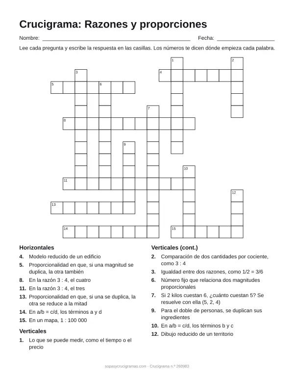 Hoja para imprimir del crucigrama de razones y proporciones: cuadrícula numerada de 15 × 16 con 7 palabras horizontales y 8 verticales, y la lista de pistas.