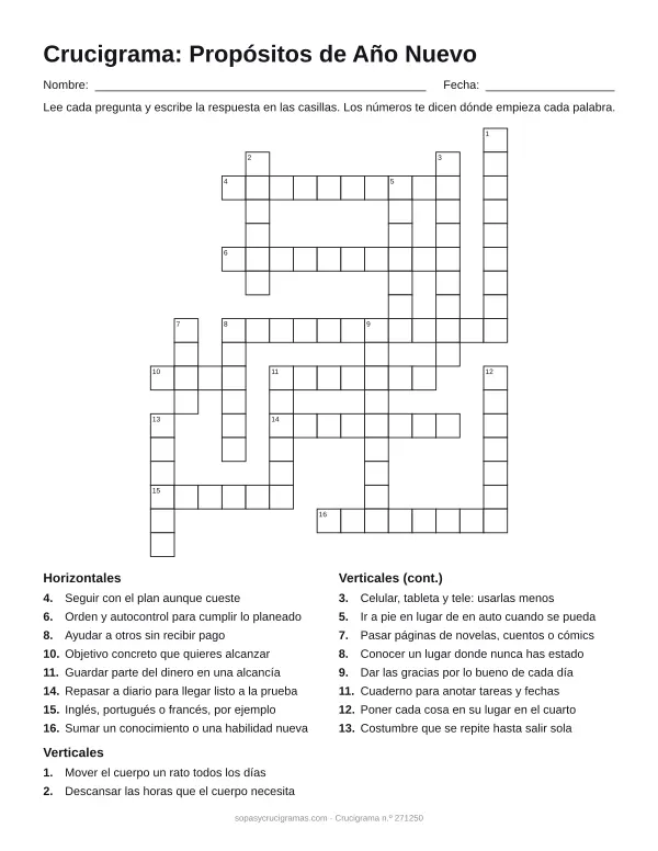 Hoja para imprimir del crucigrama de propósitos de Año Nuevo: cuadrícula numerada de 18 × 15 con 8 palabras horizontales y 10 verticales, y la lista de pistas.