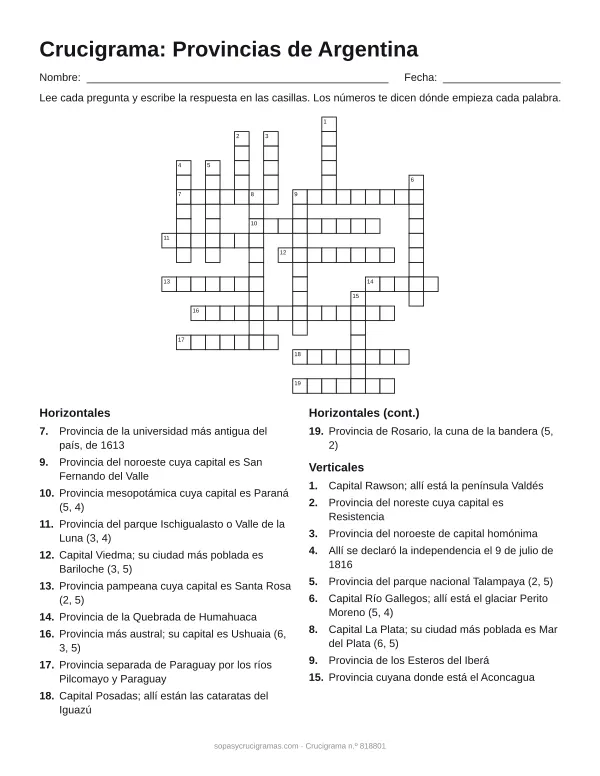 Hoja para imprimir del crucigrama de las provincias argentinas: cuadrícula numerada de 19 × 19 con 11 palabras horizontales y 9 verticales, y la lista de pistas.