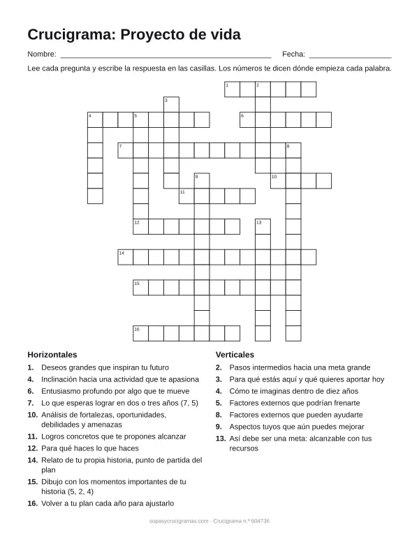 Hoja para imprimir del crucigrama del proyecto de vida: cuadrícula numerada de 17 × 16 con 10 palabras horizontales y 7 verticales, y la lista de pistas.