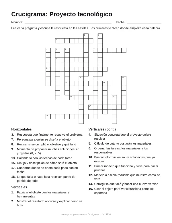 Hoja para imprimir del crucigrama del proyecto tecnológico: cuadrícula numerada de 19 × 17 con 8 palabras horizontales y 10 verticales, y la lista de pistas.