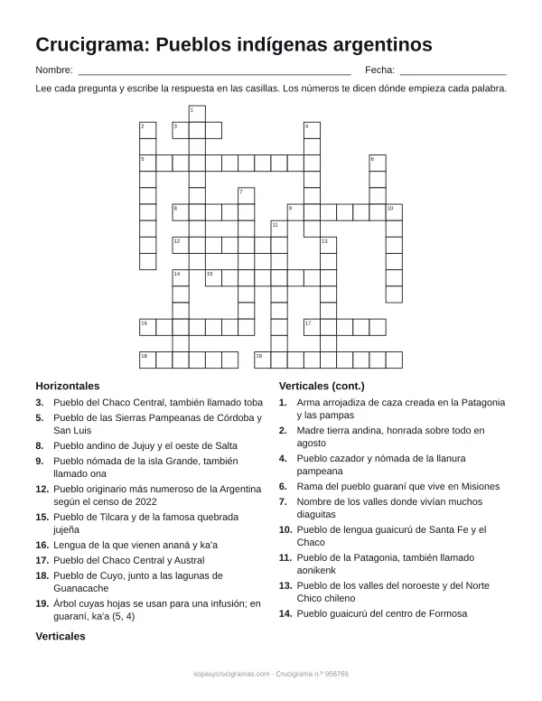 Hoja para imprimir del crucigrama de los pueblos originarios de Argentina: cuadrícula numerada de 16 × 16 con 10 palabras horizontales y 9 verticales, y la lista de pistas.