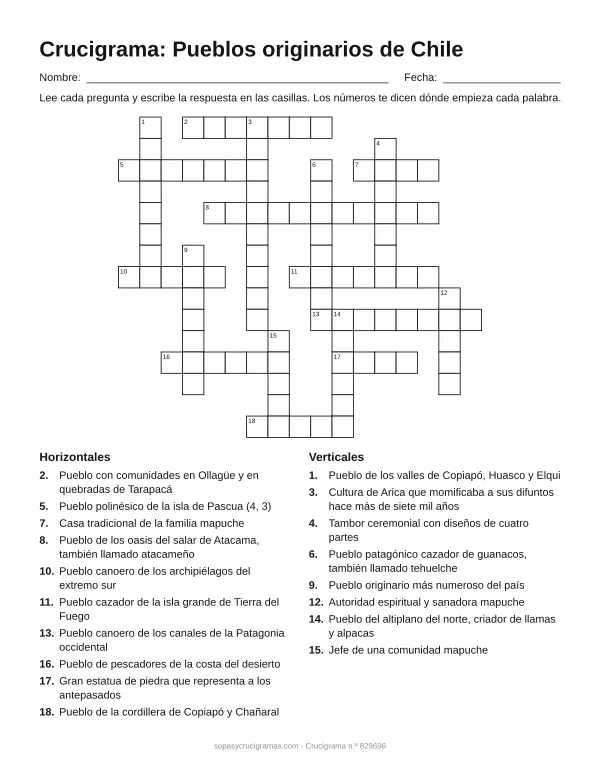 Hoja para imprimir del crucigrama de los pueblos originarios de Chile: cuadrícula numerada de 15 × 17 con 10 palabras horizontales y 8 verticales, y la lista de pistas.