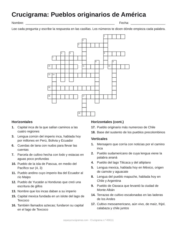Hoja para imprimir del crucigrama de pueblos originarios: cuadrícula numerada de 19 × 19 con 12 palabras horizontales y 8 verticales, y la lista de pistas.