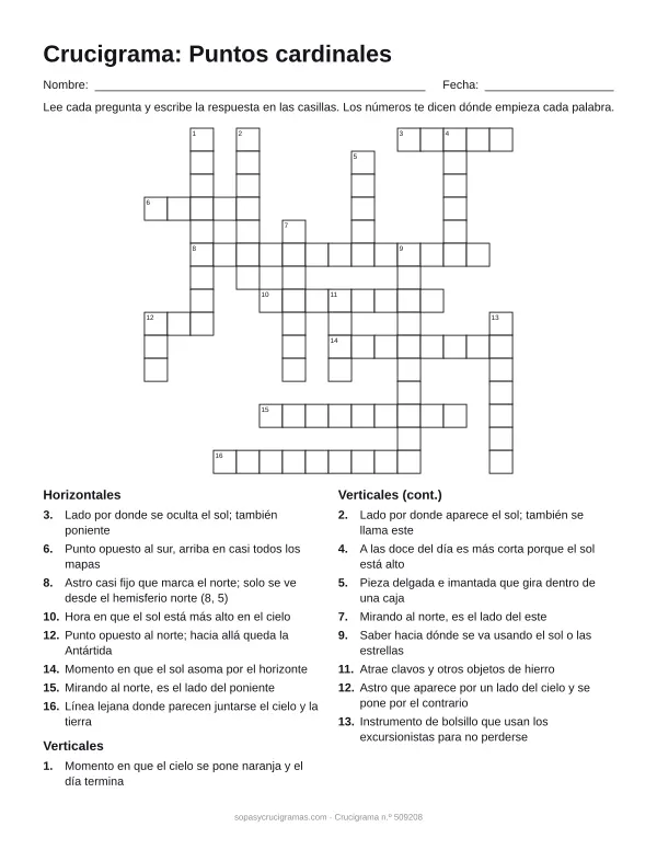 Hoja para imprimir del crucigrama de los puntos cardinales: cuadrícula numerada de 15 × 16 con 8 palabras horizontales y 9 verticales, y la lista de pistas.