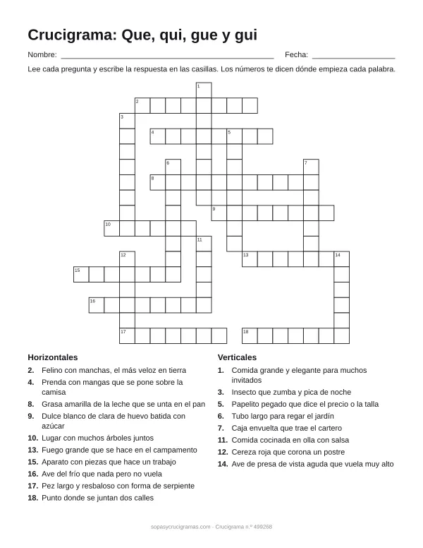 Hoja para imprimir del crucigrama de que, qui, gue y gui: cuadrícula numerada de 17 × 18 con 10 palabras horizontales y 8 verticales, y la lista de pistas.