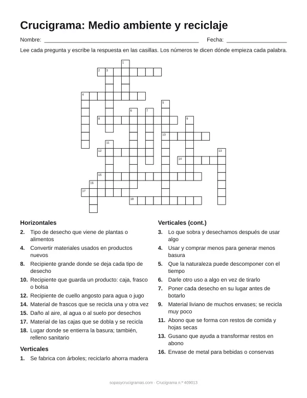 Hoja para imprimir del crucigrama de reciclaje y medio ambiente: cuadrícula numerada de 19 × 18 con 9 palabras horizontales y 10 verticales, y la lista de pistas.
