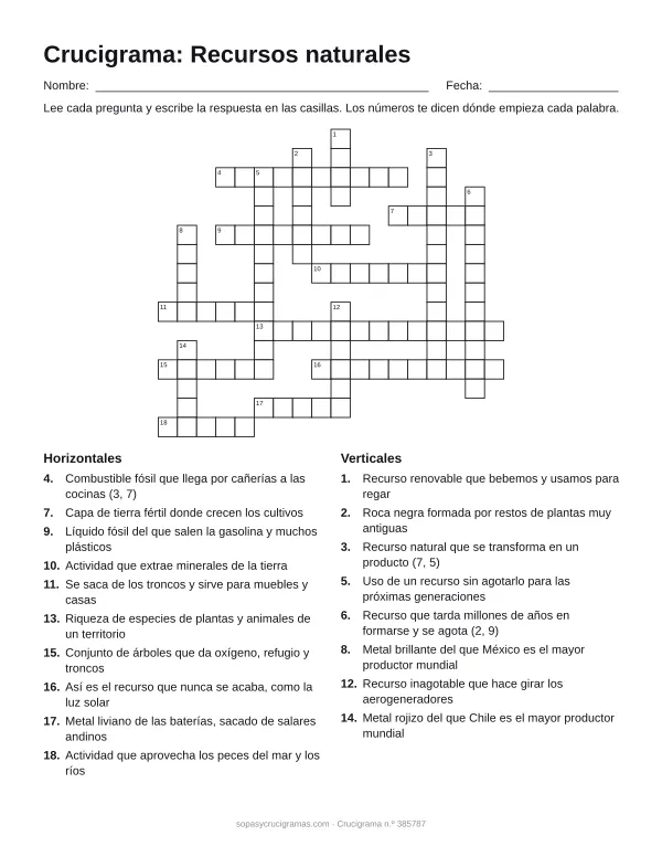 Hoja para imprimir del crucigrama de recursos naturales: cuadrícula numerada de 16 × 18 con 10 palabras horizontales y 8 verticales, y la lista de pistas.