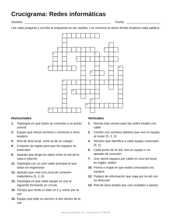 Hoja para imprimir del crucigrama de redes informáticas: cuadrícula numerada de 17 × 16 con 10 palabras horizontales y 8 verticales, y la lista de pistas.