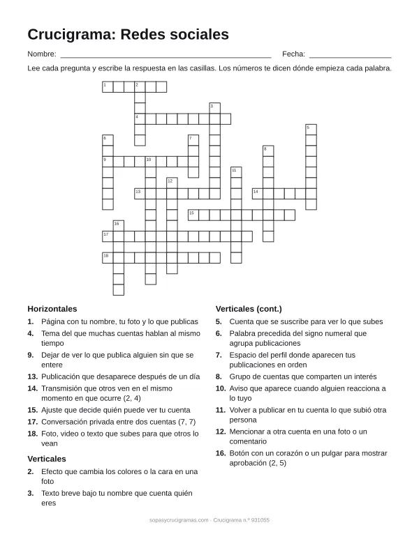 Hoja para imprimir del crucigrama de redes sociales: cuadrícula numerada de 20 × 20 con 8 palabras horizontales y 10 verticales, y la lista de pistas.