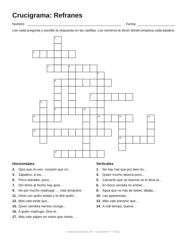 Hoja para imprimir del crucigrama de refranes: cuadrícula numerada de 17 × 17 con 10 palabras horizontales y 8 verticales, y la lista de pistas.