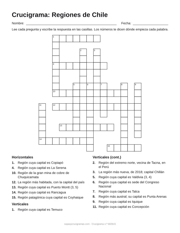 Hoja para imprimir del crucigrama de las regiones de Chile: cuadrícula numerada de 17 × 15 con 7 palabras horizontales y 9 verticales, y la lista de pistas.