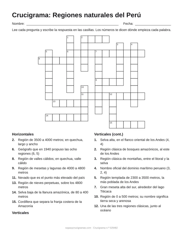 Hoja para imprimir del crucigrama de las regiones naturales del Perú: cuadrícula numerada de 13 × 15 con 8 palabras horizontales y 8 verticales, y la lista de pistas.