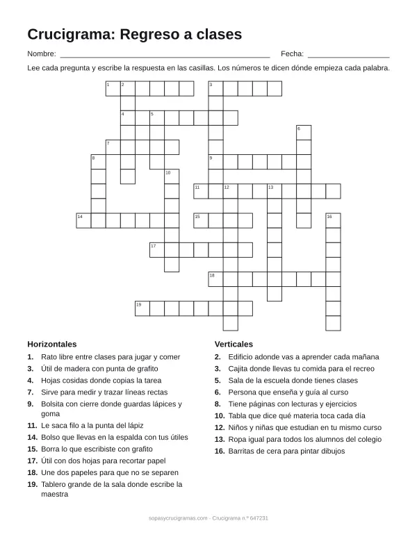 Hoja para imprimir del crucigrama de regreso a clases: cuadrícula numerada de 17 × 18 con 11 palabras horizontales y 9 verticales, y la lista de pistas.