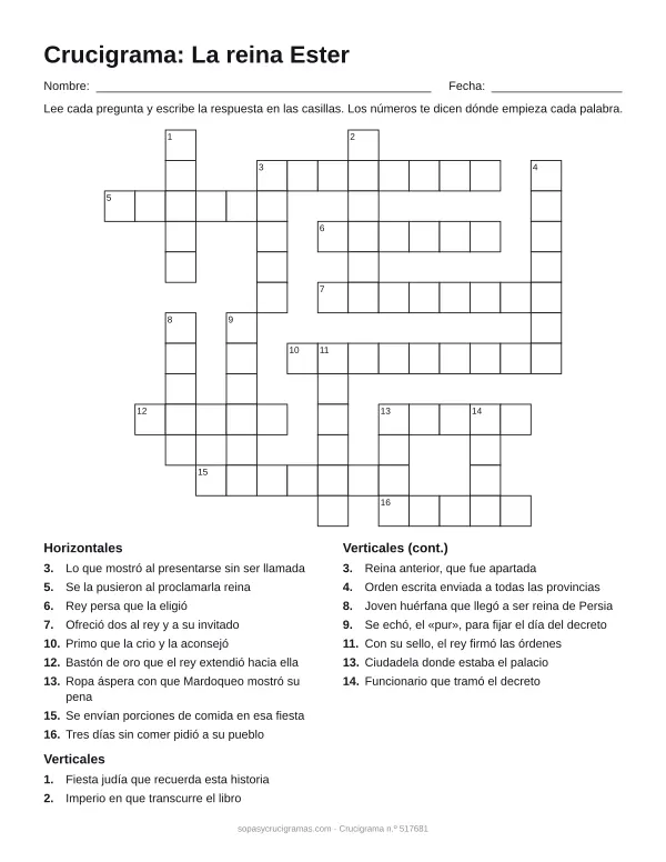 Hoja para imprimir del crucigrama de la reina Ester: cuadrícula numerada de 13 × 15 con 9 palabras horizontales y 9 verticales, y la lista de pistas.