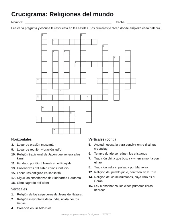 Hoja para imprimir del crucigrama de las religiones del mundo: cuadrícula numerada de 18 × 18 con 8 palabras horizontales y 10 verticales, y la lista de pistas.