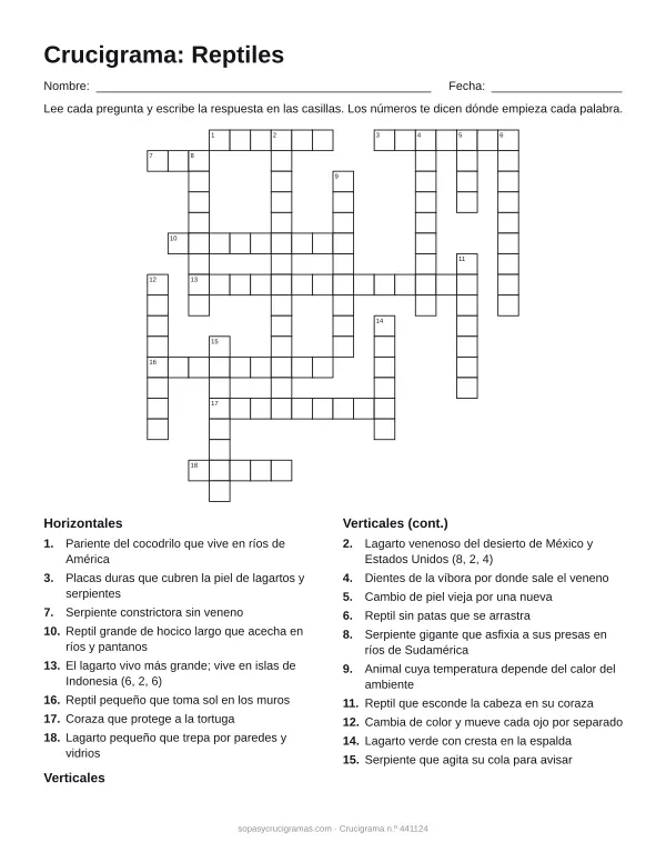 Hoja para imprimir del crucigrama de los reptiles: cuadrícula numerada de 18 × 18 con 8 palabras horizontales y 10 verticales, y la lista de pistas.