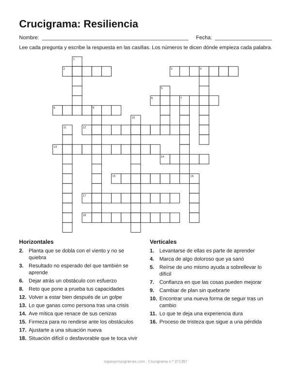Hoja para imprimir del crucigrama de la resiliencia: cuadrícula numerada de 18 × 19 con 10 palabras horizontales y 8 verticales, y la lista de pistas.