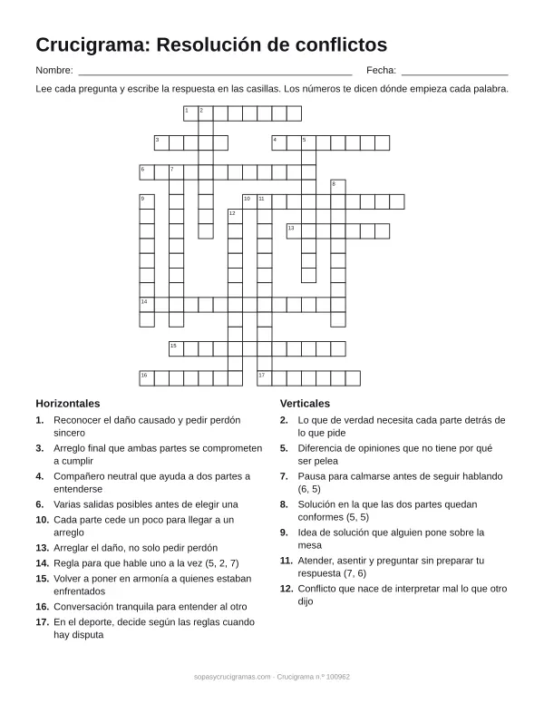 Hoja para imprimir del crucigrama de resolución de conflictos: cuadrícula numerada de 19 × 18 con 10 palabras horizontales y 7 verticales, y la lista de pistas.