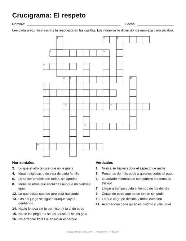 Hoja para imprimir del crucigrama del respeto: cuadrícula numerada de 18 × 17 con 9 palabras horizontales y 7 verticales, y la lista de pistas.