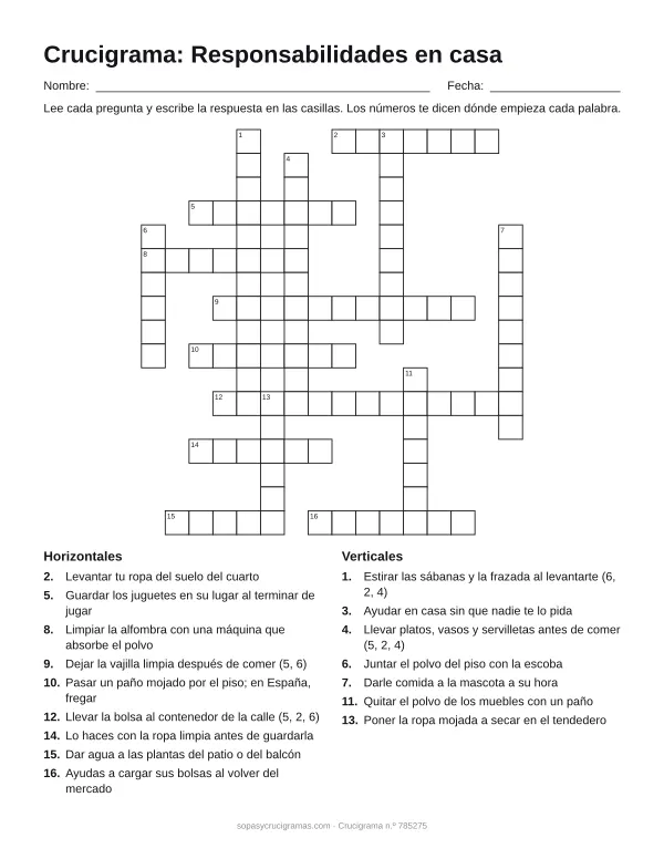 Hoja para imprimir del crucigrama de responsabilidades en casa: cuadrícula numerada de 17 × 16 con 9 palabras horizontales y 7 verticales, y la lista de pistas.