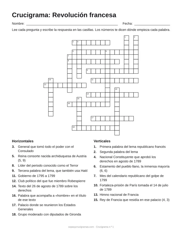 Hoja para imprimir del crucigrama de la Revolución francesa: cuadrícula numerada de 21 × 20 con 10 palabras horizontales y 8 verticales, y la lista de pistas.