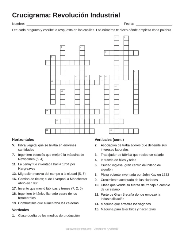 Hoja para imprimir del crucigrama de la Revolución Industrial: cuadrícula numerada de 20 × 19 con 8 palabras horizontales y 11 verticales, y la lista de pistas.
