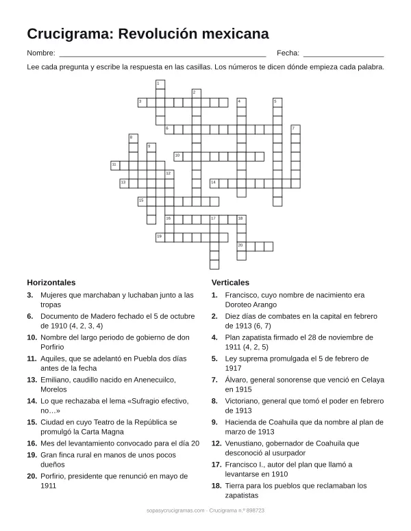 Hoja para imprimir del crucigrama de la Revolución mexicana: cuadrícula numerada de 21 × 21 con 10 palabras horizontales y 10 verticales, y la lista de pistas.