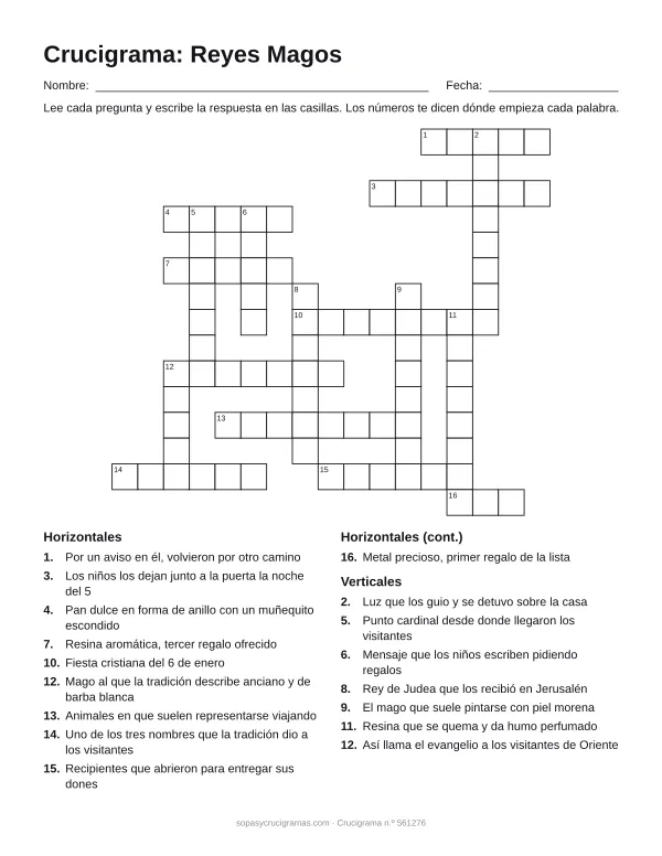 Hoja para imprimir del crucigrama de los Reyes Magos: cuadrícula numerada de 15 × 17 con 10 palabras horizontales y 7 verticales, y la lista de pistas.