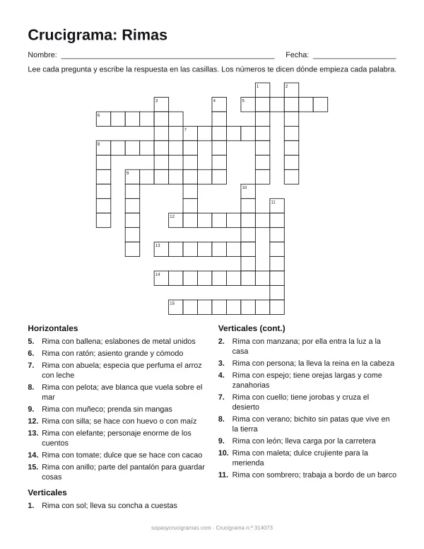 Hoja para imprimir del crucigrama de rimas: cuadrícula numerada de 16 × 16 con 9 palabras horizontales y 9 verticales, y la lista de pistas.